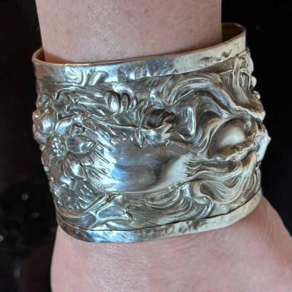 Art Nouveau Sterling Silver 925 Cuff Bracelet Lady Face Floral Alphonse Mucha - Picture 4 of 9